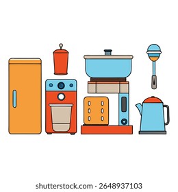 Um conjunto moderno de utensílios de cozinha, incluindo um frigorífico, forno, micro-ondas, liquidificador e torradeira — elegante, eficiente e perfeito para a cozinha diária e preparação de refeições.

