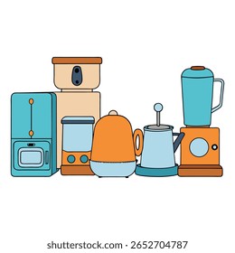 Um conjunto moderno de utensílios de cozinha, incluindo um frigorífico, forno, micro-ondas, liquidificador e torradeira — elegante, eficiente e perfeito para a cozinha diária e preparação de refeições.
