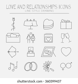 Modern set of love and relationship icons. Line style drawing 
