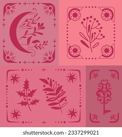 Modern set of magic cards. Moon, plants and key with frames. Can be used for veb, logo, textile and typography