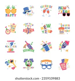 Modern Set of New Year Celebrations Flat Stickers 

