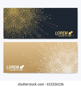 Modern set of ornate horizontal cards in oriental style. Geometric abstract presentation with golden mandala. Template for banner, business card, greeting card. Lines plexus. Card surface