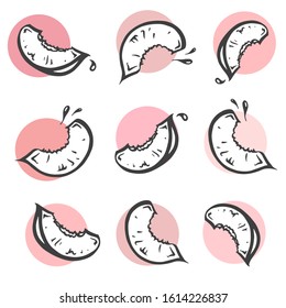 Modern set of Peaches in hand drawn style. Doodle vector isolated illustration