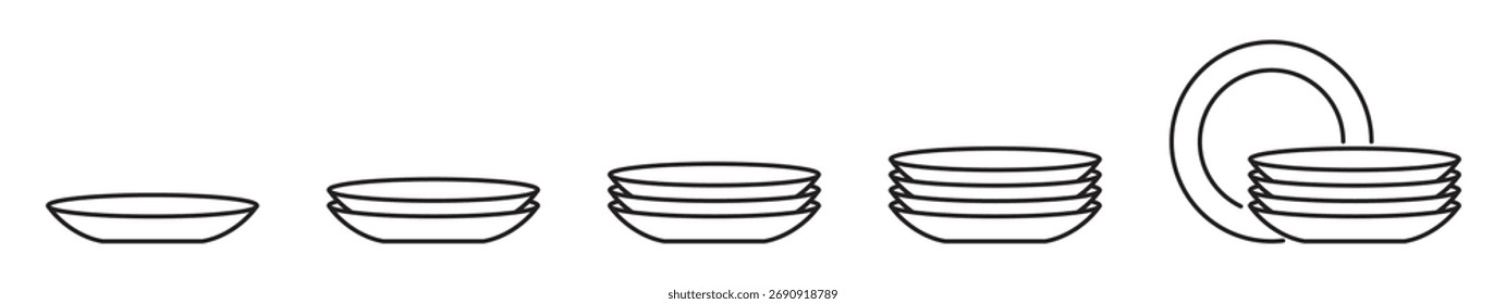 Conjunto moderno de placas iconos lineales aislados sobre fondo transparente. Elegante pila de platos de uno a cinco. Símbolos perfectos para el diseño de cocina, restaurante o vajilla. Trazo editable.