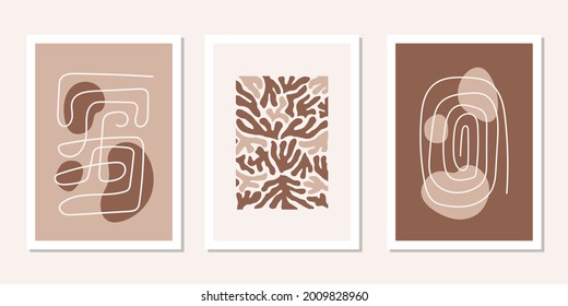  Modern set posters with abstract brown organic shapes and lines. Contemporary minimal wall art decor. Matisse vector prints