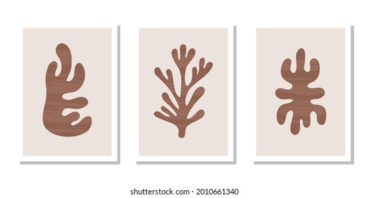 Modern set posters with abstract brown organic  textured shapes on pastel background. Contemporary minimal wall art decor. Matisse vector prints	