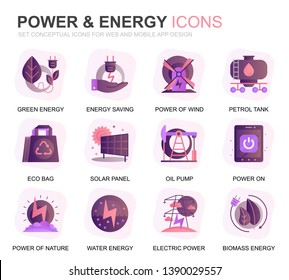 Modern Set Power Industry and Energy Gradient Flat Icons for Website and Mobile Apps. Contains such Icons as Solar Panel, Eco Energy, Power Plant. Conceptual color flat icon. Vector pictogram pack.