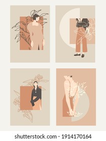 Modern set of pretty girl and flower. Minimalistic illustrations of women	