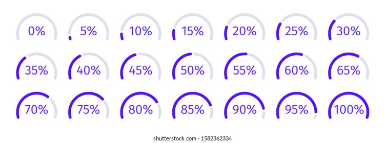 Modern Set of purple semicircle percentage diagrams for infographics, 0 5 10 15 20 25 30 35 40 45 50 55 60 65 70 75 80 85 90 95 100. Vector illustration.