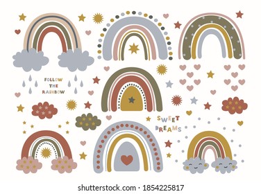 Modern set rainbow clipart in scandinavian style on a white background. Cute vector design for baby shower, decoration kids playroom, textile, postcard.