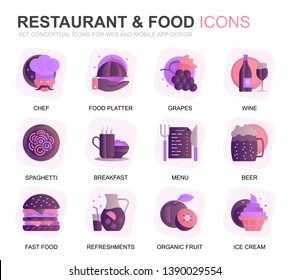 Modern Set Restaurant and Food Gradient Flat Icons for Website and Mobile Apps. Contains such Icons as Fast Food, Menu, Organic Fruit, Coffee Bar. Conceptual color flat icon. Vector pictogram pack.