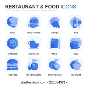 Modern Set Restaurant and Food Gradient Flat Icons for Website and Mobile Apps. Contains such Icons as Fast Food, Menu, Organic Fruit, Coffee Bar. Conceptual color flat icon. Vector pictogram pack.