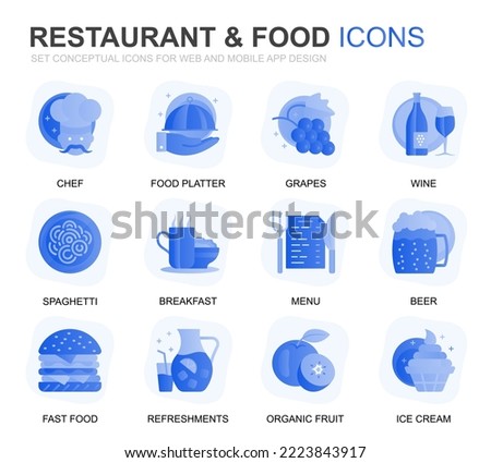 Modern Set Restaurant and Food Gradient Flat Icons for Website and Mobile Apps. Contains such Icons as Fast Food, Menu, Organic Fruit, Coffee Bar. Conceptual color flat icon. Vector pictogram pack.