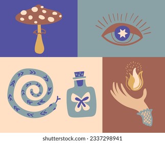 Modern set of retro magic elements: snake, bottle, witches hand, fire, eye, mushroom. Can be used for veb, logo, textile and typography