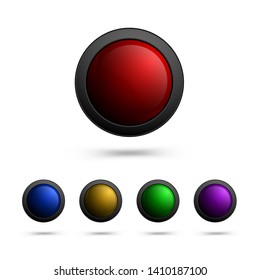 Modern set of round-shaped glass buttons - red, blue, yellow, green, purple color. Vector buttons for web design, app, ui and games.