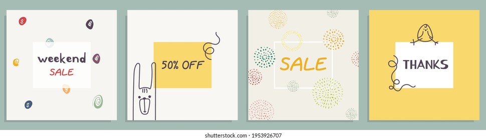Modern set of sale banners, posters, greeting cards, holiday covers. Trendy design with typography, hand painted bunny, chicken, doodle, dots in pastel colors. Contemporary art minimalistic style. 