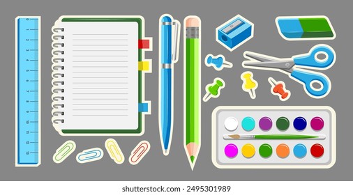 Modern Set School Stickers. Trendy Collection Supplies in cartoon Style for Students. Icons for Online Learning: Notepad, Scissors, Paint, Pencil, Pen, Eraser, Sharpener, Ruler, Paperclip, Clip.