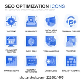 Modern Set Seo and Web Optimization Gradient Flat Icons for Website and Mobile Apps. Contains such Icons as Target, Marketing, Traffic Growth. Conceptual color flat icon. Vector pictogram pack.