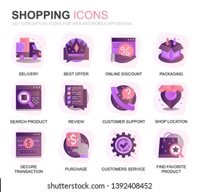 Modern Set Shopping and E-Commerce Gradient Flat Icons for Website and Mobile Apps. Contains such Icons as Delivery, Payment Method, Store, Commerce. Conceptual color flat icon. Vector pictogram pack.