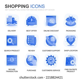 Modern Set Shopping and E-Commerce Gradient Flat Icons for Website and Mobile Apps. Contains such Icons as Delivery, Payment Method, Store, Commerce. Conceptual color flat icon. Vector pictogram pack.