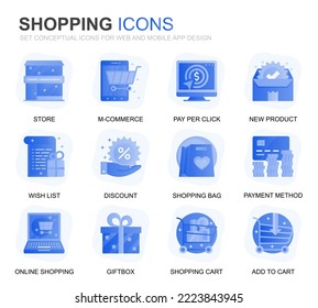 Moderno Set de Iconos planos de compras y comercio electrónico para aplicaciones web y móviles. Contiene iconos como Entrega, Método de pago, Tienda, Comercio. Icono plano de color conceptual. Paquete de pictogramas vectores.