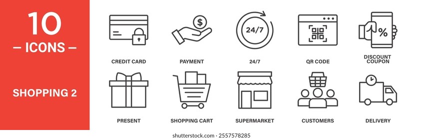 A modern set of shopping icons featuring credit cards, payments, shopping carts, QR codes, discount coupons, delivery services, and 24 7 access for online and retail use