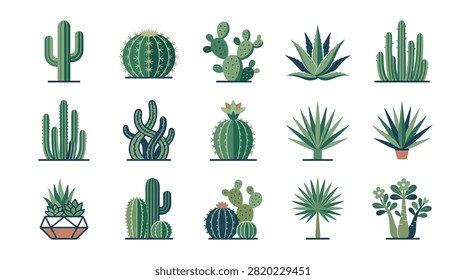 Modern set of simple cactus and succulent icons. Flat vector illustration featuring minimalist desert plants isolated on a clean white background.