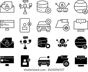 A modern set of simple design icons cybersecurity concepts. Includes firewall, encryption, data protection, antivirus, secure login, and password security.