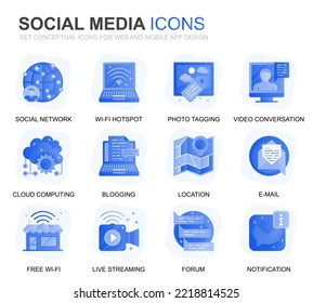 Modern Set Social Media and Network Gradient Flat Icons for Website and Mobile Apps. Contains such Icons as Avatar, Emoji, Chating, Likes. Conceptual color flat icon. Vector pictogram pack.