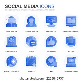 Moderne Set Social Media und Network Gradient Flat Icons für Website und Mobile Apps. Enthält Symbole wie Avatar, Emoji, Chating, Likes. Konzeptuelles farbiges Flachsymbol. Piktogramm-Paket für Vektorgrafiken.