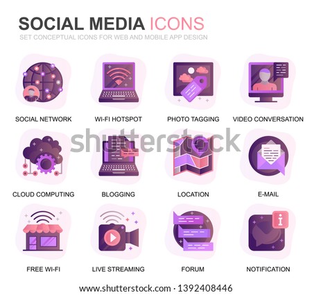 Modern Set Social Media and Network Gradient Flat Icons for Website and Mobile Apps. Contains such Icons as Avatar, Emoji, Chating, Likes. Conceptual color flat icon. Vector pictogram pack.