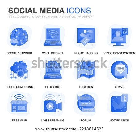 Modern Set Social Media and Network Gradient Flat Icons for Website and Mobile Apps. Contains such Icons as Avatar, Emoji, Chating, Likes. Conceptual color flat icon. Vector pictogram pack.
