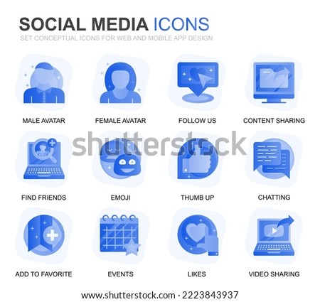 Modern Set Social Media and Network Gradient Flat Icons for Website and Mobile Apps. Contains such Icons as Avatar, Emoji, Chating, Likes. Conceptual color flat icon. Vector pictogram pack.
