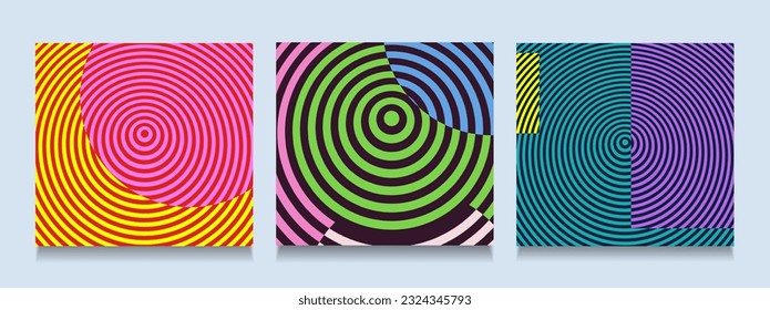 Modern Set Spiral Line. Abstract Summer Cover in Yellow, Pink, Green, Purple, Blue Color. 3d Circle Half for Banner, Poster, Card. Target Vector Illustration.