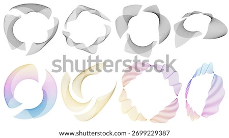 A modern set of spiral and wave line circular shapes with gradient flow. Perfect for technology backgrounds, abstract motion graphics, posters, and futuristic minimal design projects