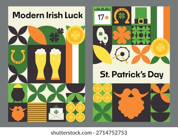 Um conjunto moderno de cartazes do Dia de São Patrício em estilo geométrico plano com símbolos com tema irlandês como cerveja, trevos, moedas, barbas, chapéus de leprechaun e bandeiras.