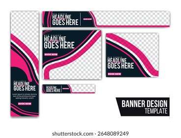 modern set of standard-size web banner templates with arrow-shaped photo placeholders and stylish pink buttons. clean vector layout perfect for digital ads, promotions, and online marketing.