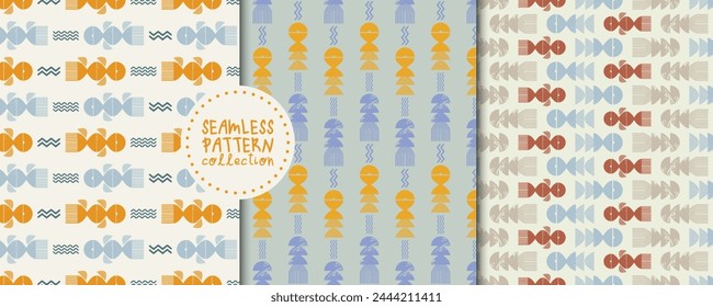 Modern set with stylized squid and octopus in Scandinavian style. Vector prints, seamless patterns, backgrounds, designs