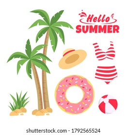 Modern set of summer elements. Hat, swimsuit, palm trees, ball, inflatable swimming circle. Lettering Hello summer! vector illustration in flat style.