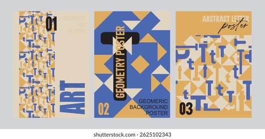 Modern set of three ABC posters. Geometric poster, seamless pattern of letters inscribed in the poster - fully editable ready-made background in contrasting colors. Digital illustration for branding, 