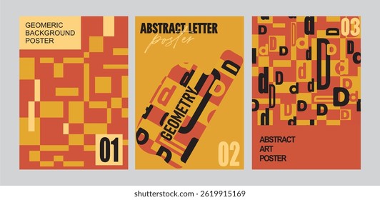 Modern set of three ABC posters.Geometric poster,seamless letter pattern inscribed in the poster-fully editable pre-made backgrounds in contrasting colors.Digital illustration for branding,printing
