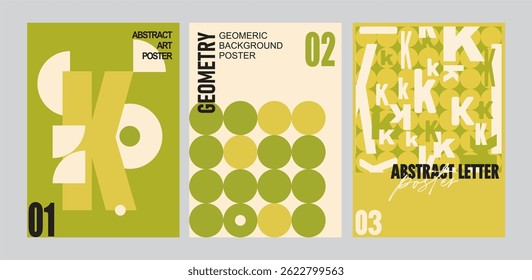 Conjunto moderno de três cartazes ABC.Cartaz geométrico, padrão sem emenda de letras inscritas no fundo pronto-feito totalmente editável do cartaz em cores contrastantes.Ilustração digital para branding,prin