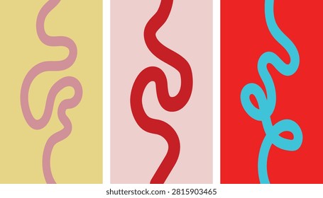 A modern set of three abstract vertical posters featuring organic, squiggly line art in distinct retro color palettes. The left card shows a dusty pink continuous wavy line on a soft pastel yellow background. The center banner displays a deep red curving stroke set against a pale blush backdrop. The right print presents a vibrant cyan looping line contrasting boldly with a rich crimson red background. This stylish, minimalist vector asset is perfect for contemporary wall art, gallery prints, aesthetic social media backgrounds, and cover design templates.