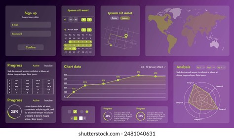 A modern set of UI elements that includes various graphic components for creating interfaces. Creation of business applications or websites focused on collecting and processing information.