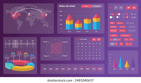 A modern set of UI elements that includes various graphic components for creating interfaces. Creation of business applications or websites focused on collecting and processing information.