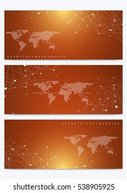 Modern set of vector banner with World Map. Geometric presentation. Molecule DNA and communication background for medicine, science, technology, chemistry. Cybernetic dots. Lines plexus. Card surface