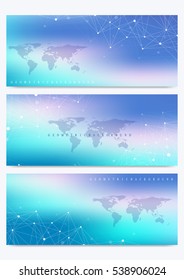 Modern set of vector banner with World Map. Geometric presentation. Molecule DNA and communication background for medicine, science, technology, chemistry. Cybernetic dots. Lines plexus. Card surface