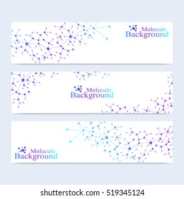 Modern set of vector banners. Atom. DNA. Molecule and communication background for medicine, science, technology, chemistry. Medical scientific representation backdrop