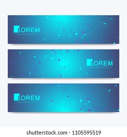 Modern set of vector banners. Geometric abstract presentation. Molecule DNA and communication background for medicine, science, technology, chemistry. Cybernetic dots. Lines plexus