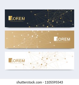 Modern set of vector banners. Geometric abstract presentation. Molecule DNA and communication background for medicine, science, technology, chemistry. Cybernetic dots. Lines plexus